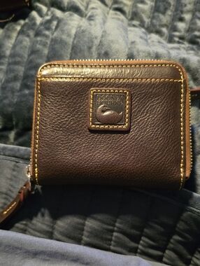 Dooney & Bourke Dark Brown Leather Zip Coin Wallet with Yellow Stitching